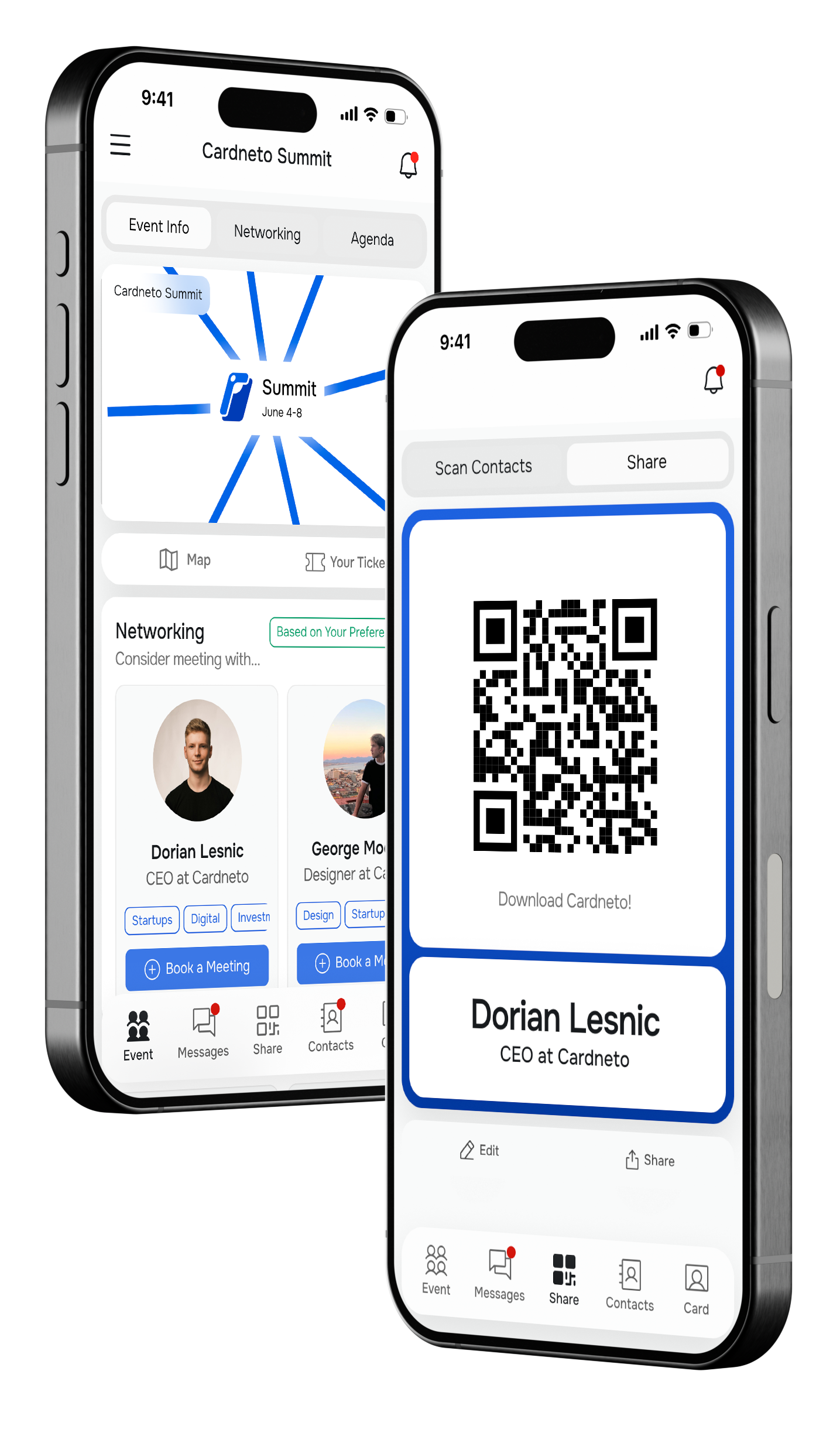 Cardneto event networking app showing attendee profiles and connections
